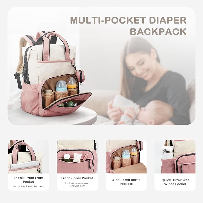 VONAL Diaper Bag Backpack, Lightweight Baby Diaper Bags, Travel Large Diaper Bag with Changing Station, Pink Diaper Backpack for Boys Girls Newborn with Insulated Pockets, Stroller Straps - Image 4