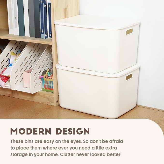 8 Pieces White Plastic Storage Bins with Lids, Stackable Storage baskets with Handle Containers Box for Shelves Drawers Desktop Playroom Classroom Office Organization(16 x 12 x 9.7 Inches) - Image 6