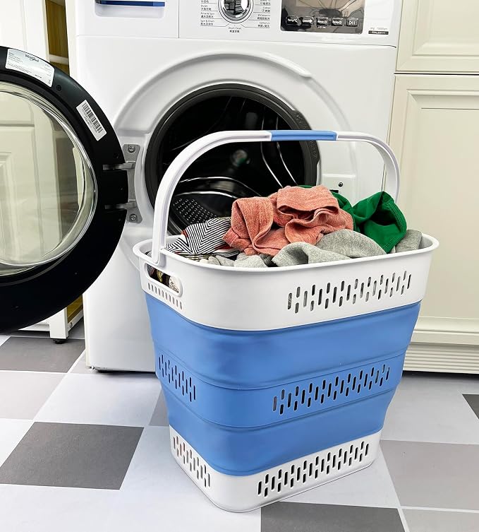 SAMMART 40L (10.5 Gallon) Collapsible Plastic Laundry Basket with Handles - Foldable Pop Up Storage Container/Organizer - Portable Laundry Hamper - Space Saving (2, Quartz Pink+Little Boy Blu) - Image 4