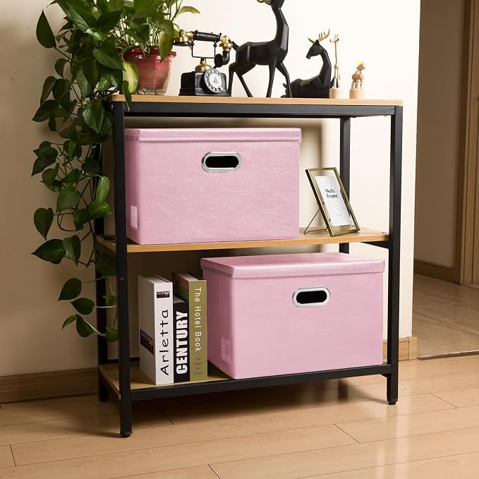 Foldable Storage Bins with Lids [5-Pack] Leather Fabric Collapsible Storage Boxes Organizer Containers Baskets Cube with Cover for Bedroom Closet Office Nursery Pink (14.9x10.8x10) - Image 3
