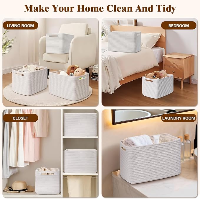 Storage Baskets for Organizing, 4 Pack Baskets for Shelves, Decorative Storage Bins for Shelves, Cotton Rope Storage Basket with Handles, Woven Basket for Storage, 13''Lx8.7''Wx7.9''H, White - Image 6