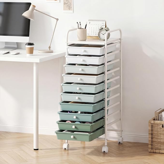 GOFLAME 10-Drawer Rolling Storage Drawer Cart, Utility Cart with Removable Drawers & Metal Frame, Mobile Art Craft Drawer Cart with Lockable Wheels for Home, Office, Studio, School, Green Gradient - Image 2