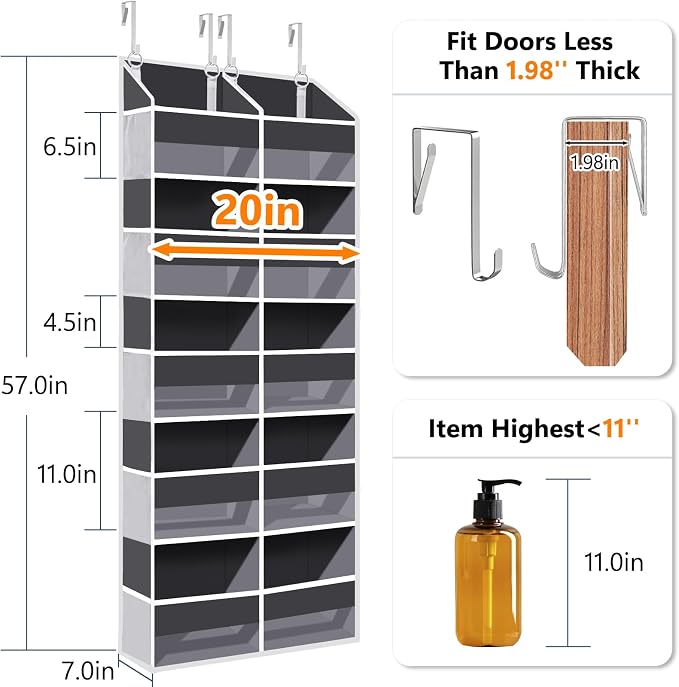 2 Pack - Over The Door Organizer 5 Tiers, Extra Large Behind Door Storage of 10 Big Front & 10 Mesh Pockets, 80lb Weight Capacity, Hanging Doors Storage for Closet Bedroom Nursery, Dark Gray - Image 2