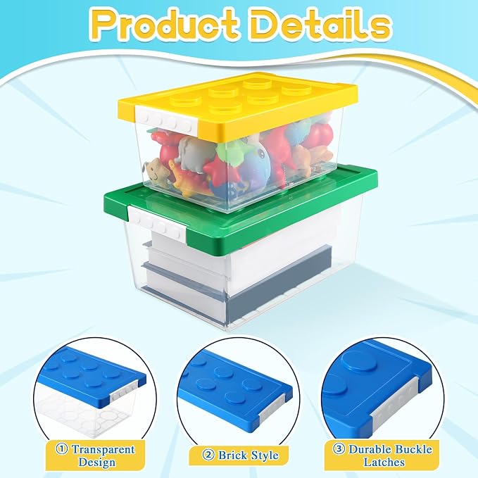 4 Pack Toy Storage Containers with Lids Brick Shaped Kids Toy Organizer Box Plastic Clear Stackable Bin Chest for Building Block Dolls(Large, X-Large,Red, Yellow, Blue, Green) - Image 4
