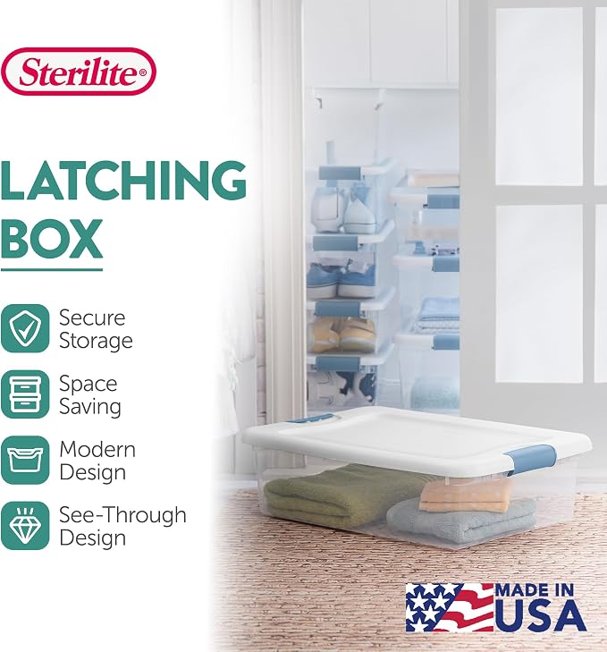 Sterilite Latching Box with Lids for Home and Office, 32 Quart, 12-Pack | Heavy-Duty and Stackable Plastic Containers with Latches for Closet, Cabinet, Bedroom, Bathroom and Dorm Room Organization - Image 3