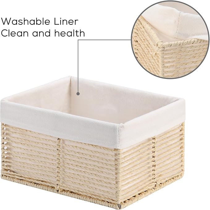 Wicker Storage Basket, Hand-Woven Paper Rope Basket, Rectangular Small Basket for Organizing, Cube Storage Bin for Closet/Clothes/Dresser, Beige, 5-Pack - Image 3