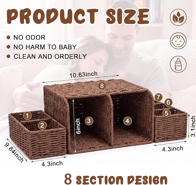 Large Wicker Diaper Caddy Organizer, Detachable Modular Changing Table Organizer for Nursery, Woven Diaper Storage Dispenser Basket for Nursery Diapering Baby Essentials Gift(Brown,Paper) - Image 2
