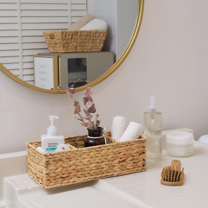 StorageWorks Toilet Paper Basket, 3-Section Water Hyacinth Storage Baskets | Wicker Basket, Toilet Paper Storage for Back of Toilet Tank, Woven Baskets for Shelves, Wicker Baskets with 3 Compartments - Image 4