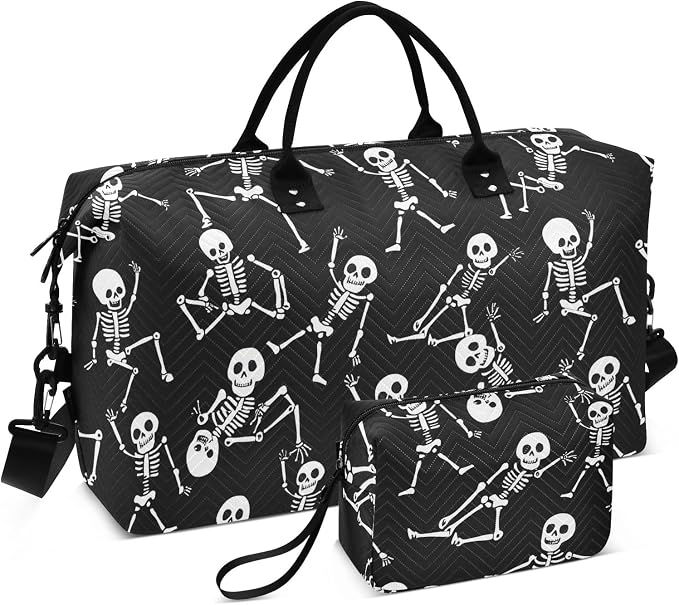 Skull Skeleton on Black Large Travel Duffel Bag Sports Tote Gym Bag Overnight Weekender Bags Carry On Luggage with Toiletry Bags by ALAZA