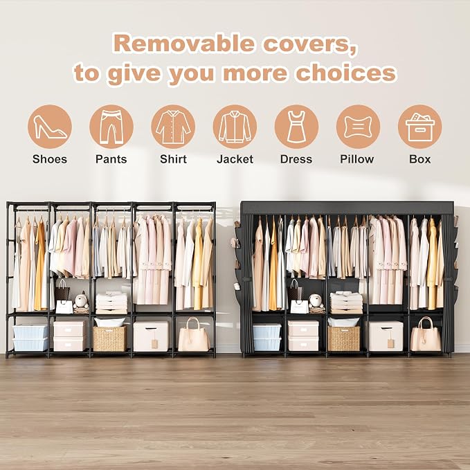 Portable Closet Storage, Portable Wardrobe Closet Organizer Clothes Rack wtih Cover, Hanging Rod, Storage Shelves and Side Pockets, Large Portable Closets for Hanging Clothes, Black - Image 5