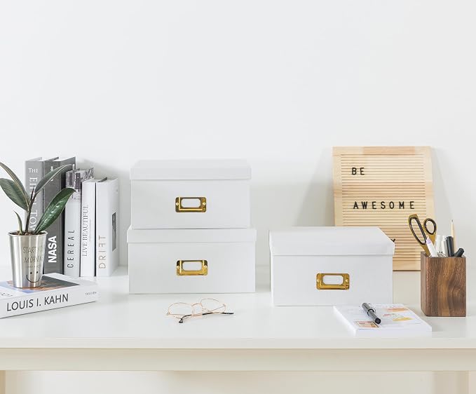 Soul & Lane - White and Gold Decorative Storage Boxes with Lids, Set of 3 | Square Stacking Kraft Memory Photo Storage with Label Holders, Nesting Cardboard Paper Bins for Office and Shelves - Image 5