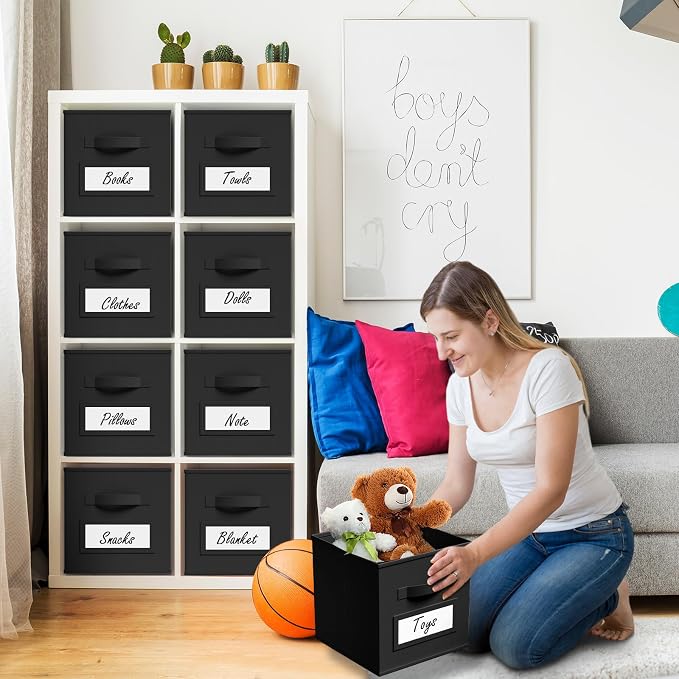 Teenyyou 10 Pack Fabric Storage Cubes 11 Inch Collapsible Cube Bins with Label Window & Handle Foldable Organizers Baskets for Shelf Closet Nursery Kids Room Clothes Book Toy(Black) - Image 6