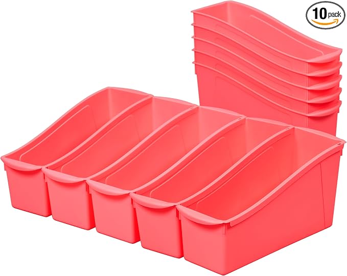 ECR4Kids Linking Plastic Storage Book Bin, Multipurpose Organization, Neon Orange, 10-Piece | Durable plastic with built-in handles, interlocking, nestable, ideal for books, magazines, and files in a classroom or office by ECR4Kids