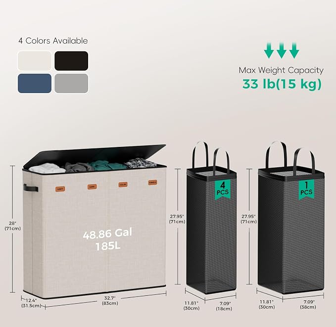 185L Laundry Hamper 4 Section with Lid & Removable Bags | Collapsible laundry basket organizer for laundry room, bedroom & dorm with 5 removable washing bags - Image 5