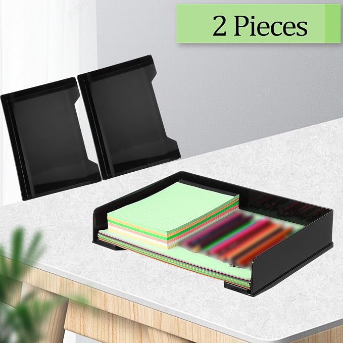 DoubleFill 2 Pcs Stackable Letter Tray Plastic Paper Tray, Black | 13 x 9.5 x 2.6 In, Rectangular, Paper Holder, File Tray for Desktop Office Desk Drawers - Image 3
