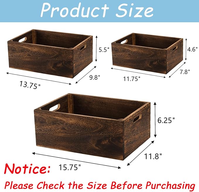 Frcctre Set of 3 Wood Nesting Storage Crates with Handles, Decorative Farmhouse Wooden Crates Storage Containers Rustic Handmade Natural Solid Wood Basket - Image 2