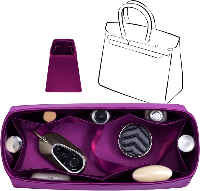 Fits for Brikin Bag Insert Organizer For Hermes(25 R,KikyoPurple) | Premium Silk Material,Smooth Touch,Lightweight,zipper,protect from scratches & stains,multiple pockets,keychain,waterproof by JLYZMoon