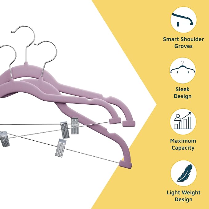 Lifemaster Velvet Skirt Hangers – with Adjustable Clips, 360 Degree Swivel Hook, and Non-Slip Shoulder Notch, Holds Up to 10 lbs, for Organizing Skirt, Pants, Dress, and Clothes, Pack of 50, Purple - Image 4