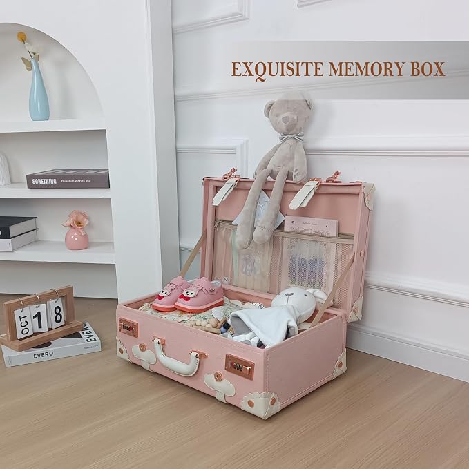 Unitravel Baby Keepsake Case, 18" Handmade Memory Storage Box, Newborn Keepsake Box, Vintage Suitcase for Baby Shower, Baptism, Naming Ceremony or Birthday (Pink) - Image 3