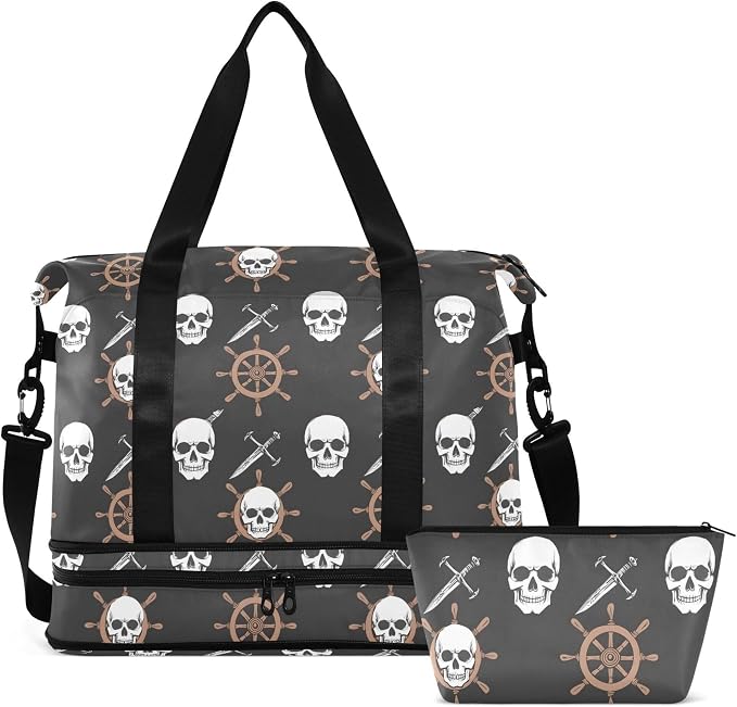 Travel Duffel Tote Bag Gothic Skull Pirate Sports Duffel Bag with Wet Pocket Weekender Overnight Bag for Women Men Gym Bag, Carry On Bag Hospital Bag for Labor and Delivery by MNSRUU