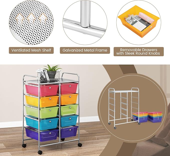 RELAX4LIFE Rolling Storage Cart with 10 Drawers - Craft Storage Cart with Lockable Wheels,Utility Cart, Art Cart Organizer for Crafting Storage, Studio, Office, School Rolling Drawer Cart (Rainbow) - Image 6