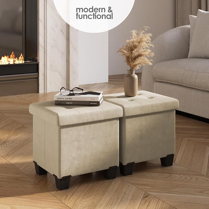 Storage Ottoman Cube with Small Bin, 15-in Square Ottoman with Storage for Living Room and Bedroom, Small Ottomans Foot Rest, Velvet Foot Stools Ottomans Max 330lbs, Beige - Image 2