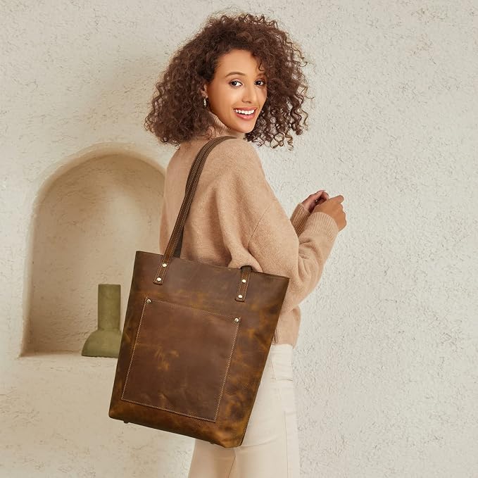 S-ZONE Leather Tote Bag for Women Work Handbag with Luggage Sleeve | Top Grain Genuine Leather, Padded Laptop Compartment, Multi Pockets, Large Retro Purse, Travel Everyday - Image 2