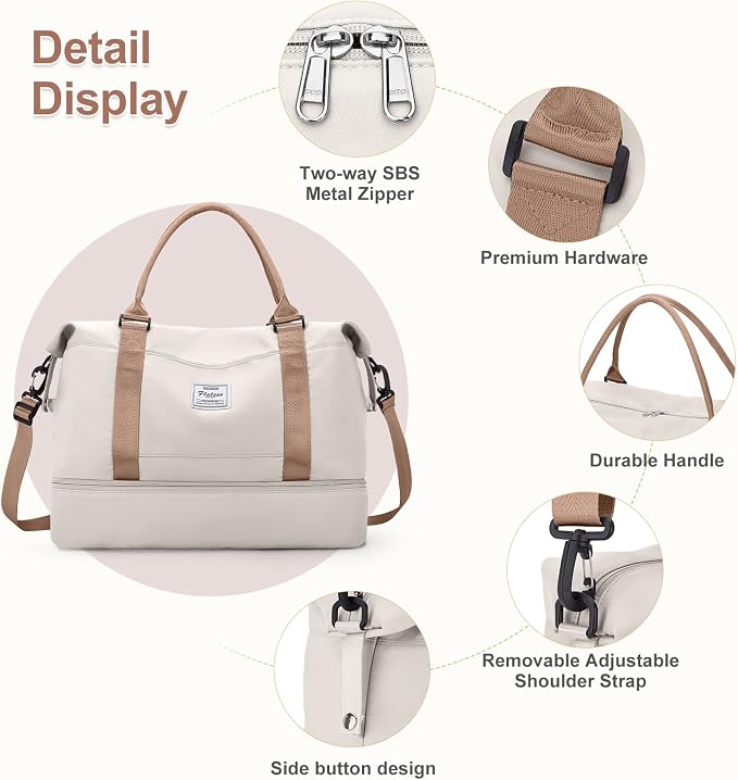 Large Weekender Bags for Women, Travel Duffel Bag with Shoe Compartment,Personal Item Travel Carry on Overnight Bag for Women Travel Set,Beige & Brown - Image 5