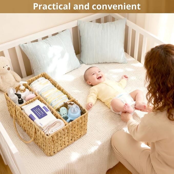 Large Baby Diaper Caddy Organizer, Handwoven Water Hyacinth Storage Basket, Portable Wicker Car Diaper Storage Bin for Nursery and Travel - Image 2