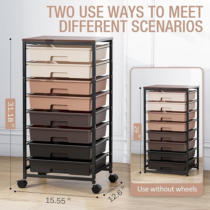 TOOLF Rolling Storage Cart with 8 Drawers,Brown | Utility Cart on Wheels with Wooden Tabletop,Teacher Organization for Classroom, Art Cart for Office,Bedroom,Craft Room - Image 3