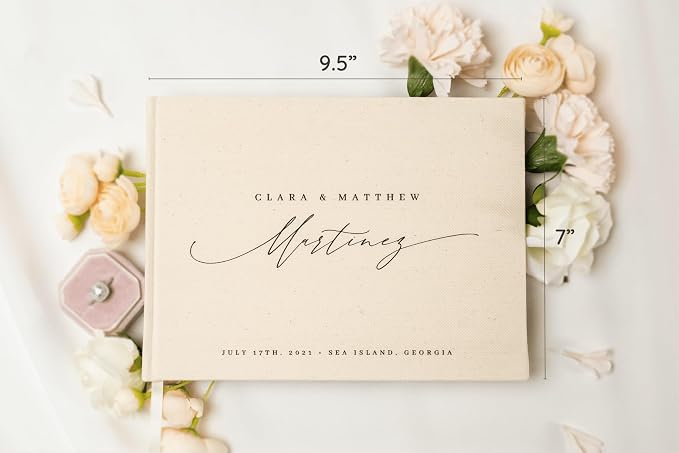 Personalized Linen Guest Book (Design 7) - 9 x 7.5 Hardcover Custom Wedding Guestbook Bride Groom First and Last Name, Reception Ceremony Engagement Party Keepsake Signing Book w/ 120 Blank Pages - Image 2