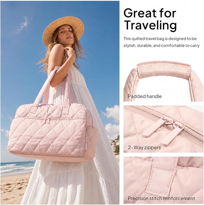 TOPEAST Duffel Bag for Women Travel, Expandable Quilted Weekender Overnight Duffle Bag with Adjustable Strap, Lightweight 33L Personal Item Bag Hospital Bags for Labor and Delivery, Pink - Image 6