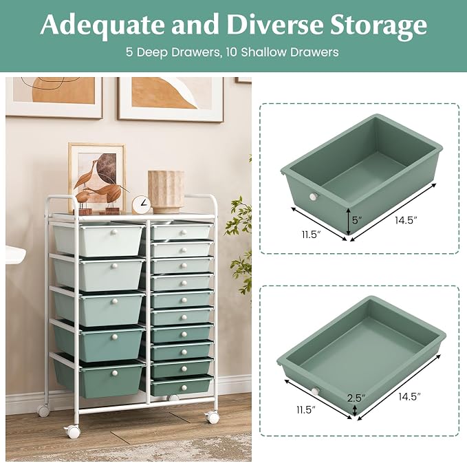 RELAX4LIFE 15-Drawer Storage Drawer Carts - Mobile Rolling Utility Cart | 34.5"H White Metal Frame, Gradient Green Drawers, Rolling Wheels; Classroom School Office Home Craft Utility Storage - Image 5