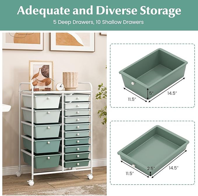 COSTWAY 15 Drawer Rolling Storage Cart, Mobile Storage Organizer | Removable Drawers & Metal Frame, Multipurpose Utility Tools Paper Organizer on Wheels for Home, Office (Green Gradient) - Image 4