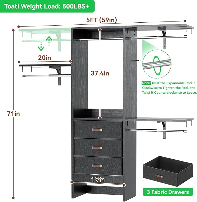 5FT Small Closet System with 3 Fabric Drawers, 60 Inches Walk In Closet Organizer System With 3 Adjustable Shelves, Heavy Duty Clothes Rack Built-In Garment Rack, 59" L x 16" W x 71" H, Black - Image 7