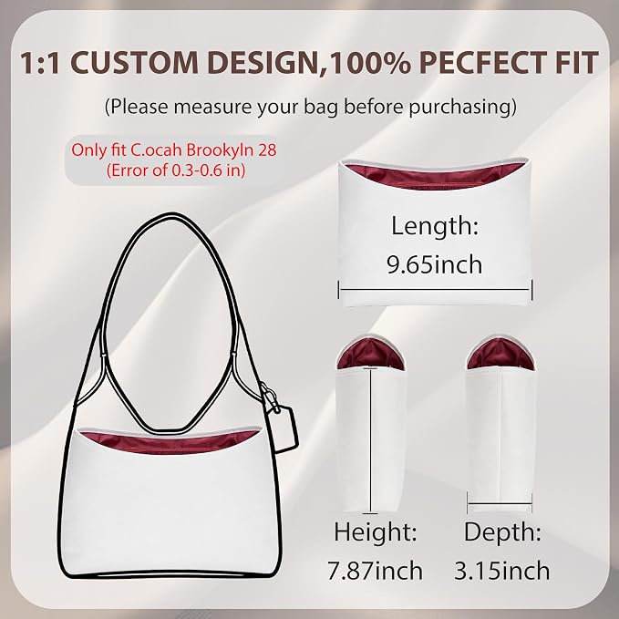 Brooklyn 28 Bag Insert, Purse Organizer Insert for Coach, White Merlot | Waterproof Dupontpaper For Coach Brooklyn Shoulder Bag 28, Lightweight, 5 Compartments Zipper Pocket, Elastic Holders - Image 2