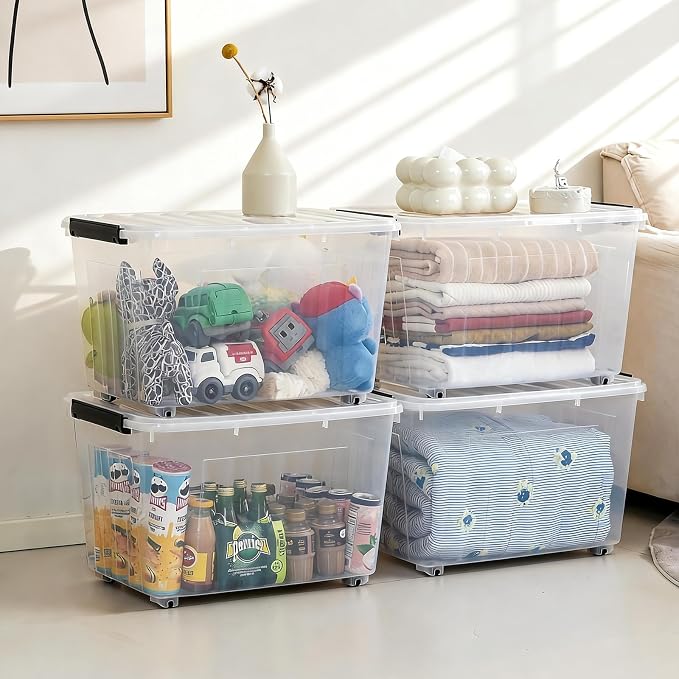 Citylife 82 Quart Large Clear Plastic Storage Bins with Lids 4-Pack | Stackable, Secure latching lids, Easy Find, Clothes Storage Bins for Closet Bedroom Garage - Image 6