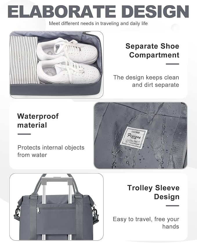 Travel Duffel Weekender Bag Women Tote Carry On Bags With Shoe Compartment | 18x14x8 inches Travel Overnight Bags with Trolley Sleeve for Airplanes Sport Tote Gym for Men Lightweight Daypack Grey - Image 5