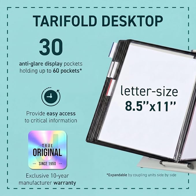 Tarifold Desktop Reference Display System, 30 Pockets, Expandable, Black | 30 Double-Sided PVC Pockets, Holds 60 Letter-Size Sheets, Sturdy Metal Base, Quick-Find Indexing, Quick and Easy to Assemble - Image 2