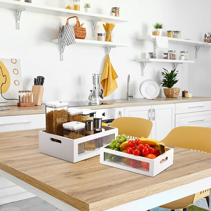 FillTouch 4 Pcs Wooden Nesting Countertop Baskets 4 Size Wooden Storage Box with Handle and Metal Wire Multipurpose Wood Organizer Crate for Fruit Vegetable Kitchen Cabinet Bathroom(White,Small) - Image 6