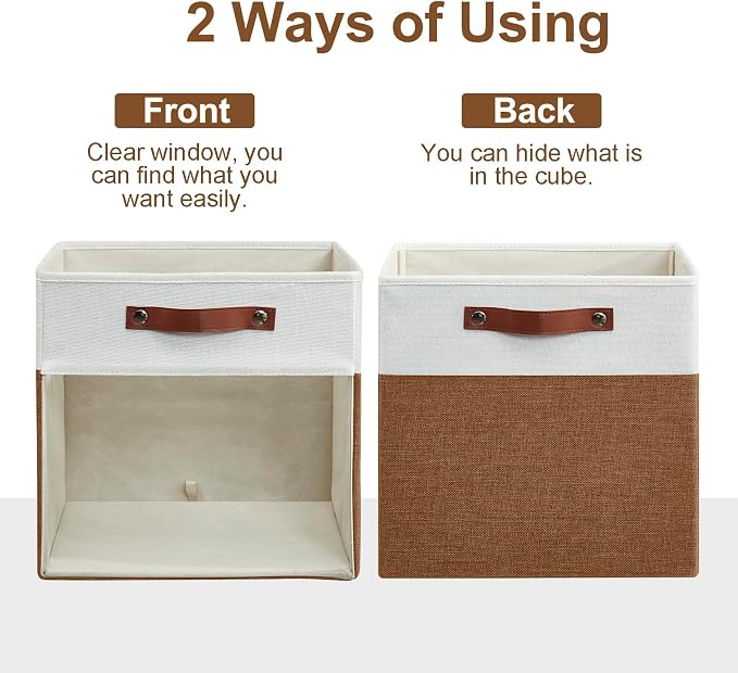 Storage Cubes, 4 Pack Linen Foldable Storage Bins (13 x 13 inch) with Clear Window and Handles, Fabric Organizer for Shelf Closet, Clothes, Books - (Brown and White) - Image 7