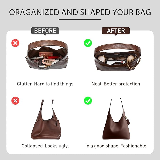 Tyvek Purse Organizer Insert for Coach Brooklyn 28 Shoulder Bag | Waterproof Bag Insert, 5 Pocket Storage, Elastic Bottle Holder, Zipper Pocket, Tote Bag Dividers, Everyday Use, White Maple - Image 4