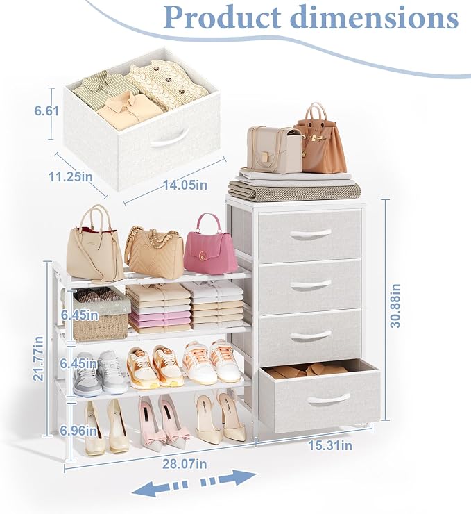 Cidaziya Expandable Closet Organizers and Storage, 4 Drawer Dresser, White Fabric Storage Dresser, Clothes Shelves for Kids, Purse Organizer Small Shoe Rack for Closet Bedroom - Image 2
