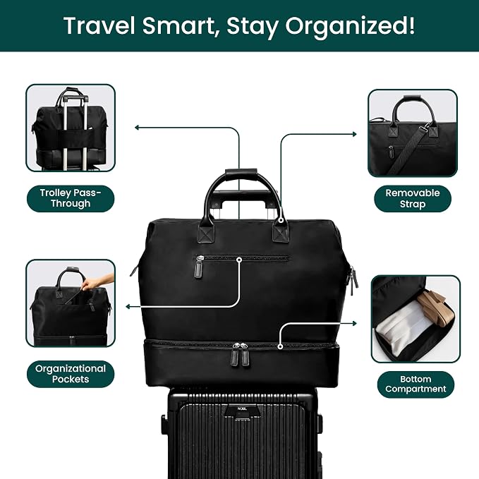 Nobl Travel Weekender Bag for Women & Men, Large Carry-On Duffel, Jet Black | Leather Overnight Tote with Trolley Sleeve, Separate Shoe Compartment & Laptop Pocket for Airplane, Gym & Road Trips - Image 3