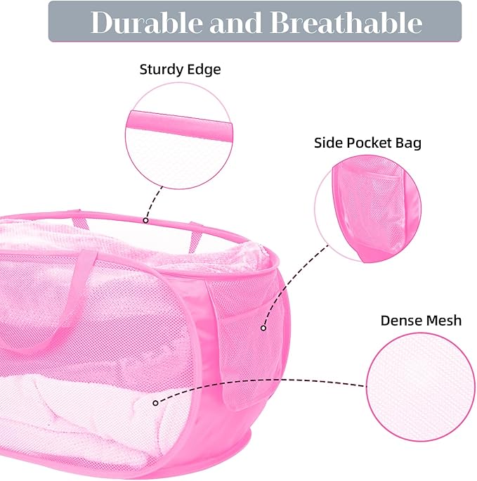 Durable Collapsible Laundry Baskets, Mesh Pop Up Laundry Hamper with Side Pocket, Foldable Clothes Hamper with Reinforced Carry Handles for Laundry, Bathroom, Kids Room, Dorm or Travel 2 Pack Pink - Image 4