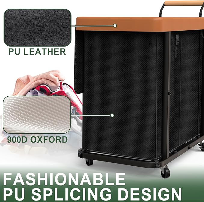 Laundry Hamper 3 Section with Lid,230L Rolling Dirty Clothes Hamper Black | Laundry Basket with Wheels,Laundry Organizer Storage Cart with Sturdy Metal Frame and Wooden Handle for Laundry Room, Hotel - Image 4