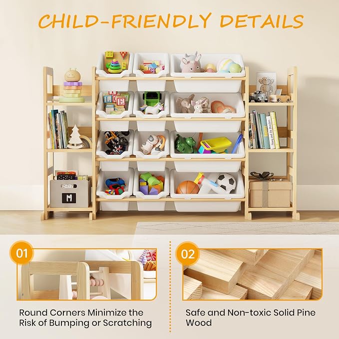 EXPERLAM Extra Large Toy Storage - Toy Storage Organizer, Wooden Toy Organizer with 6 Side Shelves and 12 Bins, 3-in-1 Bookshelf for Kids Rooms, Playroom, Nursery, White - Image 5