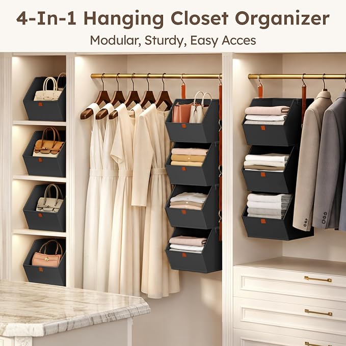 Hanging Closet Organizer 4 Tier - Clothes Hanging Shelves, Space-Saving Closet System, Fabric Storage Bins Bedroom Organization, Collapsible Baskets for Home, Dorm, Rv, Black, 8 Pack - Image 8