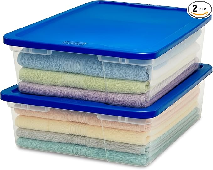 HOMZ 2-Pack Snaplock, Small Clear Plastic Storage Organizer Bins with Lids, 28 Quart, Blue - Stackable Container Boxes for Bedroom, Bathroom, Garage, and Office Organization by Homz