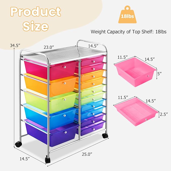 COSTWAY 15 Drawer Rolling Storage Cart, Mobile Storage Organizer | Removable Drawers & Metal Frame, Multipurpose Utility Tools Paper Organizer on Wheels for Home, Office (Rainbow) - Image 3